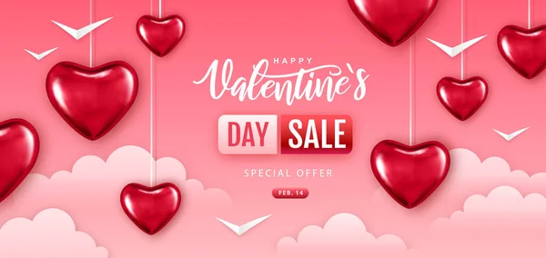 Happy Valentines Day Big Sale Typography Poster Pink Hears Clouds — Stock Vector