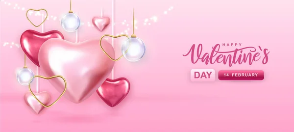 Gelukkige Valentijnsdag Poster Met Roze Harten Elektrische Lampen Vectorillustratie — Stockvector