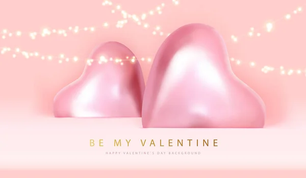 情人节快乐海报与粉红的心脏和电灯 矢量说明 — 图库矢量图片