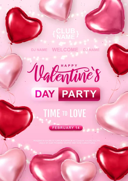 Buon San Valentino Poster Festa Con Palloncini Forma Cuore Rosa — Vettoriale Stock