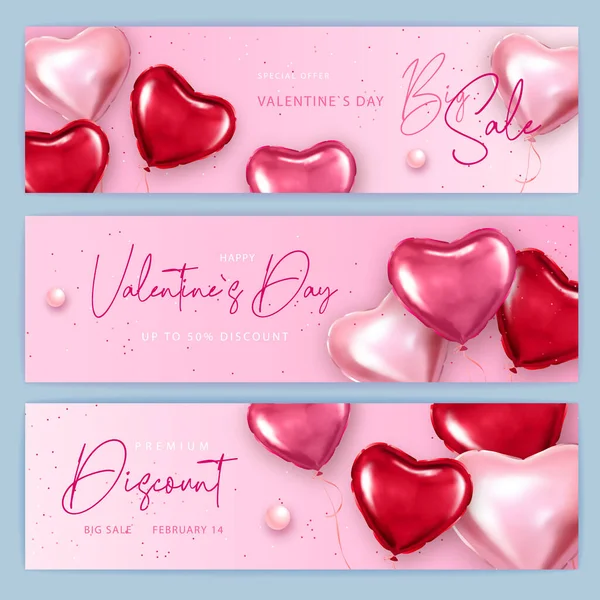 Sevgililer Günün Kutlu Olsun Pembe Kalp Şeklinde Balonlu Tipografi Afişleri — Stok Vektör