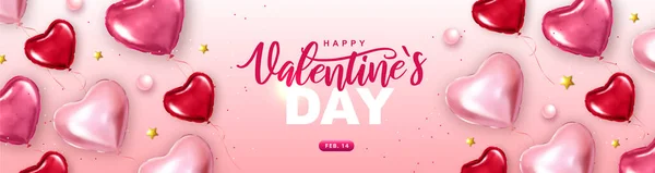 Šťastný Valentýn Typografický Plakát Růžovými Balónky Tvaru Srdce Vektorová Ilustrace — Stockový vektor