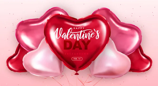 Happy Valentines Day Typografie Poster Mit Rosa Herzförmigen Luftballons Vektorillustration — Stockvektor