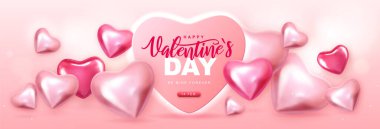 Romantik gökyüzünde pembe kalpleri olan Sevgililer Günü posteri kutlu olsun. Vektör illüstrasyonu