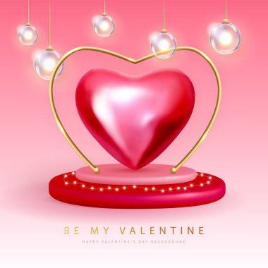 3D metalik kalp ve elektrik lambalarıyla Sevgililer Günü posteri kutlu olsun. Vektör illüstrasyonu