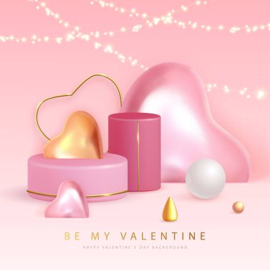3D pembe ve altın kalpli Sevgililer Günü posteri kutlu olsun. Valentine iç tasarımı. Vektör illüstrasyonu