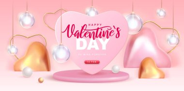 3D pembe ve altın kalpli Sevgililer Günü posteri kutlu olsun. Valentine iç tasarımı. Vektör illüstrasyonu