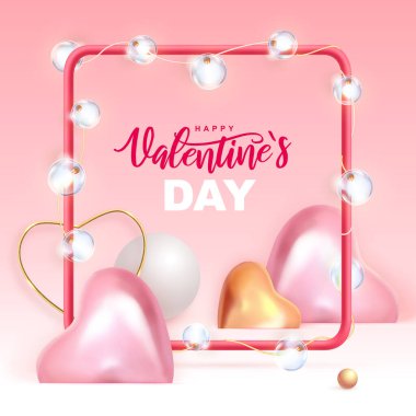 3D pembe ve altın kalpli Sevgililer Günü posteri kutlu olsun. Valentine iç tasarımı. Vektör illüstrasyonu