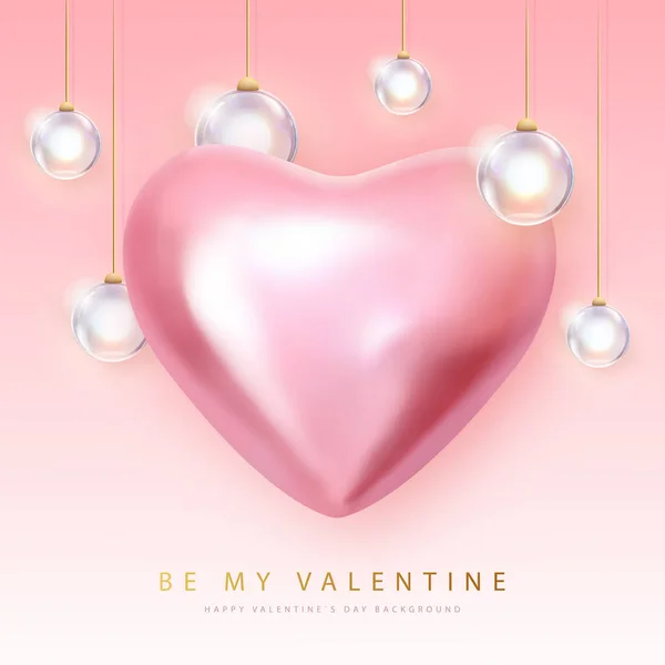 Happy Valentines Day Poster Pink Metallic Heart Electric Lamps Vector — Stock Vector