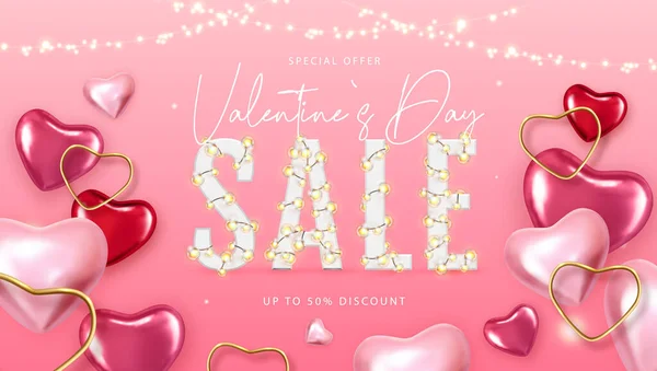 Šťastný Valentýn Velký Prodej Typografie Plakát Růžové Zlaté Srdce Vektorová — Stockový vektor