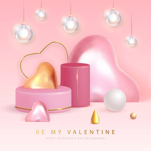 Happy Valentines Day Poster Mit Rosa Und Goldenen Liebesherzen Valentine — Stockvektor