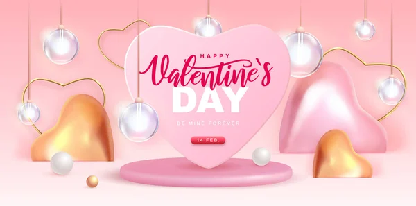 3Dピンクとゴールドの愛の心とハッピーバレンタインデーのポスター バレンタインインテリアデザイン ベクターイラスト — ストックベクタ