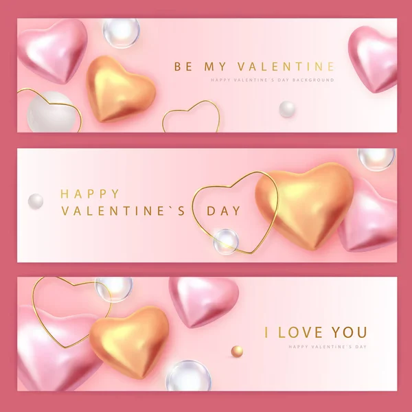 Zestaw Banerów Typograficznych Happy Valentines Day Różowymi Złotymi Sercami Ilustracja — Wektor stockowy
