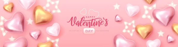 Happy Valentines Day Typografie Poster Mit Rosa Und Goldenen Liebesherzen — Stockvektor