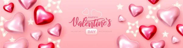 情人节快乐字体海报与3D粉色和红色的爱心 矢量说明 — 图库矢量图片