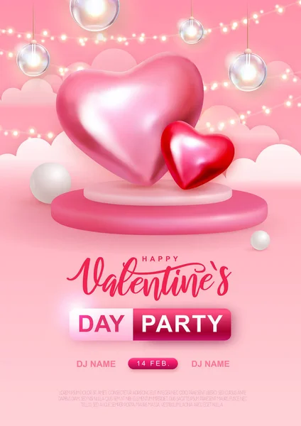 情人节快乐派对海报与3D粉色爱心 矢量说明 — 图库矢量图片