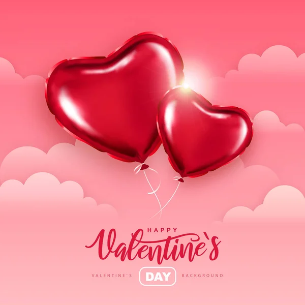 情人节快乐排字海报 在浪漫的天空中 粉色的心形气球 矢量说明 — 图库矢量图片