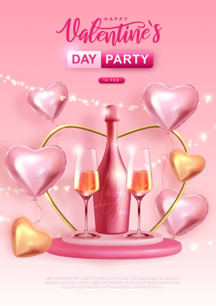 情人节快乐海报与3D爱心心和香槟瓶与眼镜 矢量说明 — 图库矢量图片