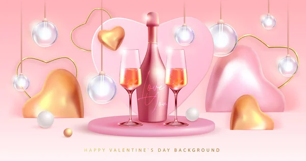 3D愛の心とメガネ付きシャンパンボトルとハッピーバレンタインデーのポスター ベクターイラスト — ストックベクタ