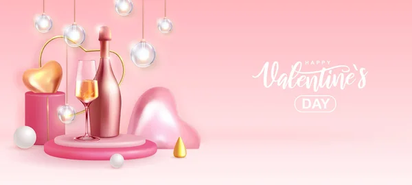 3D愛の心とガラスとシャンパンボトルとハッピーバレンタインデーのポスター ベクターイラスト — ストックベクタ