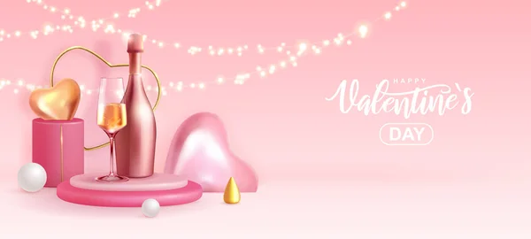Плакат Любовными Сердцами Бутылкой Шампанского Стеклом Дню Святого Валентина Векторная — стоковый вектор