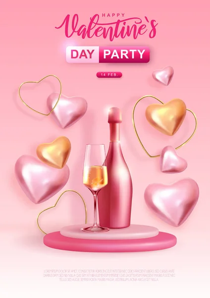 Щасливий День Святого Валентина Плакат Любовних Сердець Пляшкою Шампанського Склом — стоковий вектор