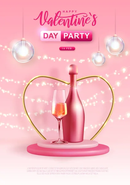 情人节快乐海报与3D爱心和香槟瓶与玻璃 矢量说明 — 图库矢量图片