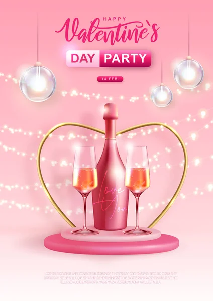 情人节快乐海报与3D爱心和香槟瓶与眼镜 矢量说明 — 图库矢量图片