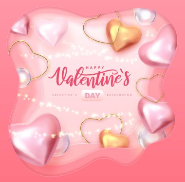3D pembe ve altın kalpli Sevgililer Günü posteri kutlu olsun. Vektör illüstrasyonu