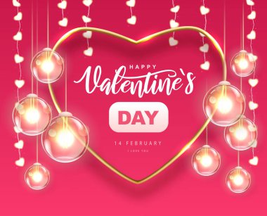 3D altın kalpli ve elektrik lambalı Sevgililer Günü posteri kutlu olsun. Valentine iç tasarımı. Vektör illüstrasyonu