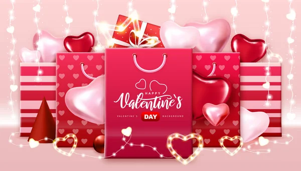 Affiche Typographie Happy Valentines Day Avec Cœurs Amour Sacs Papier — Image vectorielle
