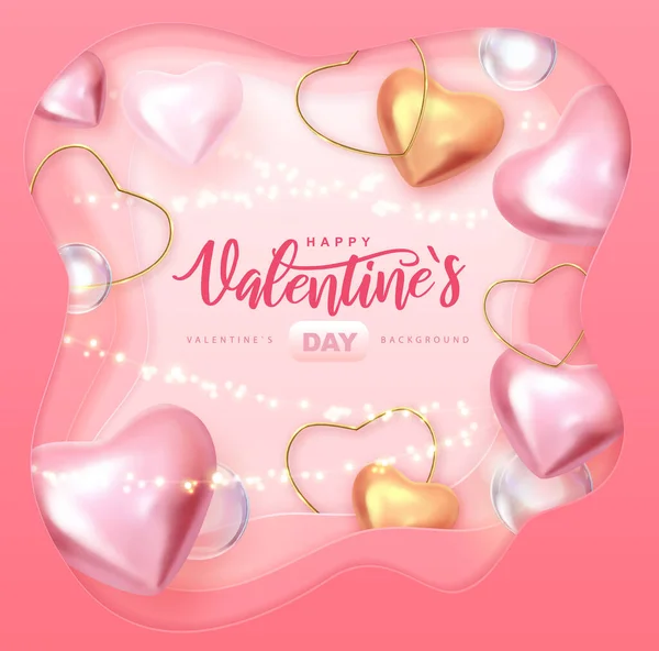 情人节快乐海报与3D粉色和金色的爱情之心 矢量说明 — 图库矢量图片