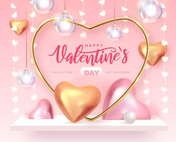 Happy Valentines Day Poster Mit Rosa Und Goldenen Liebesherzen Valentine — Stockvektor