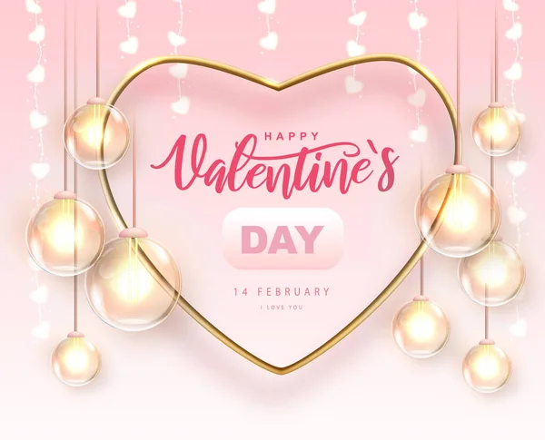 Αφίσα Happy Valentines Day Χρυσή Καρδιά Αγάπης Και Ηλεκτρικές Λάμπες — Διανυσματικό Αρχείο