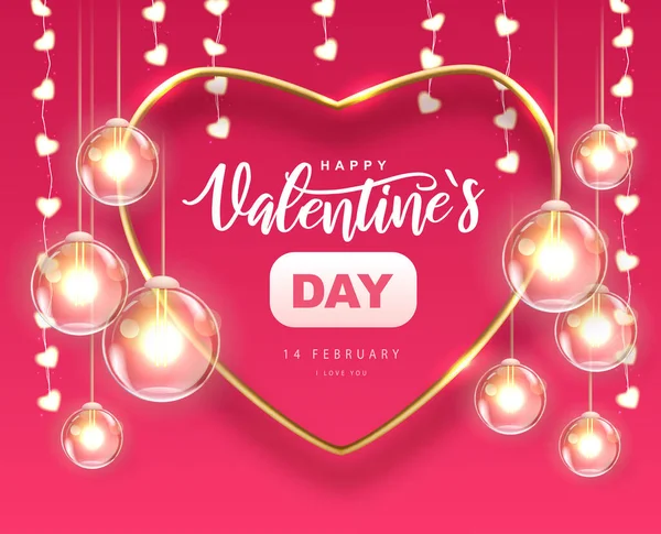 Buon San Valentino Poster Con Oro Amore Cuore Lampade Elettriche — Vettoriale Stock