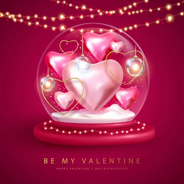 Плакат Трехмерным Снежным Шаром Сердечками Любви Дню Святого Валентина Векторная — стоковый вектор