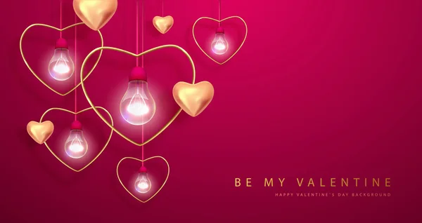 Счастливый День Святого Валентина Золотыми Сердечками Электрическими Лампочками Дизайн Интерьера — стоковый вектор