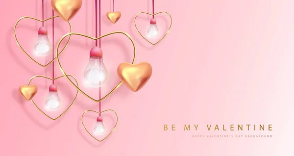 3Dゴールドの愛の心と電気ランプと幸せなバレンタインデーの背景 バレンタインインテリアデザイン ベクターイラスト — ストックベクタ
