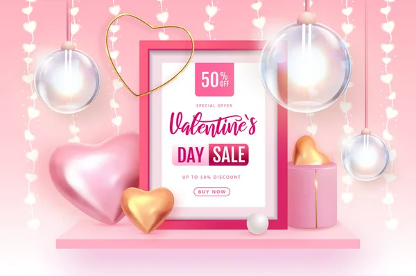 Happy Valentines Day Big Sale Poster Pink Gold Love Hearts — Stock Vector