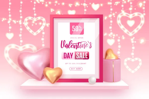 Šťastný Valentýn Velký Prodejní Plakát Růžové Zlaté Srdce Lásky Valentýnský — Stockový vektor