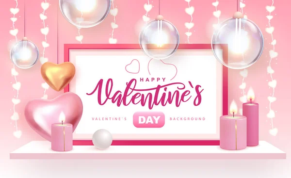 Buon San Valentino Poster Con Rosa Oro Amore Cuori Interior — Vettoriale Stock