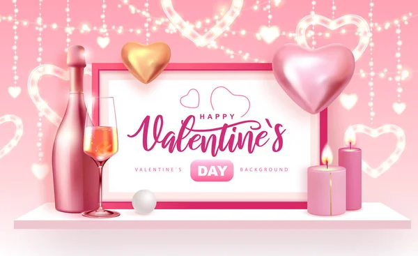 情人节快乐海报与3D粉色和金色的爱情之心 情人节室内设计 矢量说明 — 图库矢量图片