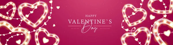 Happy Valentines Day Poster Mit Neonfarbener Lichterkette Mit Liebesherzen Valentine — Stockvektor