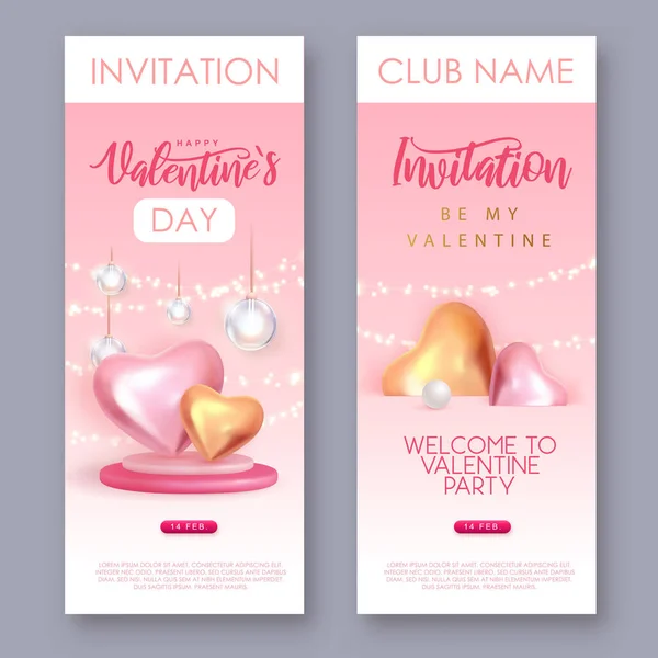 Happy Valentines Day Invitation Pink Gold Love Hearts Vector Illustration — Stock Vector
