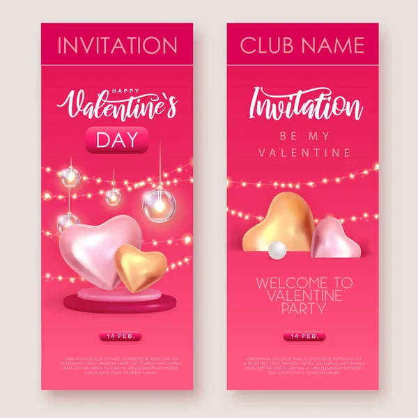 Feliz Día San Valentín Invitación Con Corazones Amor Rosa Oro — Vector de stock