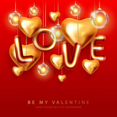 3D kromik harfler ve altın kalpli sevgililer günü posteri. Tatil tebrik kartı. Vektör illüstrasyonu