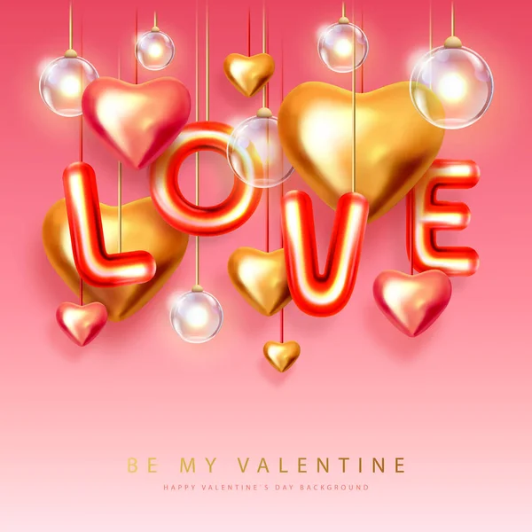 Щасливий Постер Дня Валентинів Тривимірними Хромними Буквами Золотими Серцями Кохання — стоковий вектор
