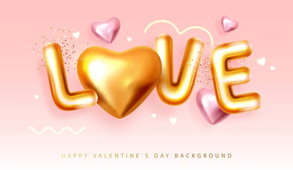 Happy Valentines Day Poster Letters Gold Love Hearts Holiday Greeting — Stock Vector