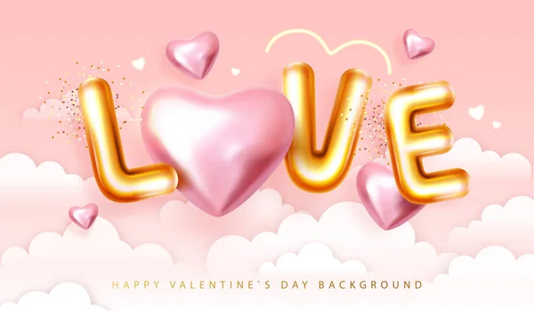 Happy Valentines Day Poster Letters Pink Love Hearts Sky Holiday — Stock Vector