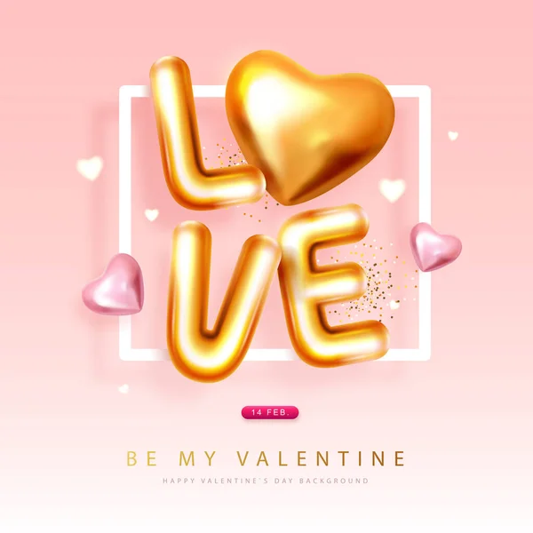 Happy Valentines Day Poster Mit Chromen Buchstaben Und Goldenen Liebesherzen — Stockvektor